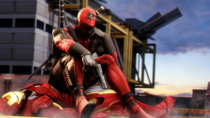 Deadpool on top of Iron man digital wallpaper Marvel Comics 2k