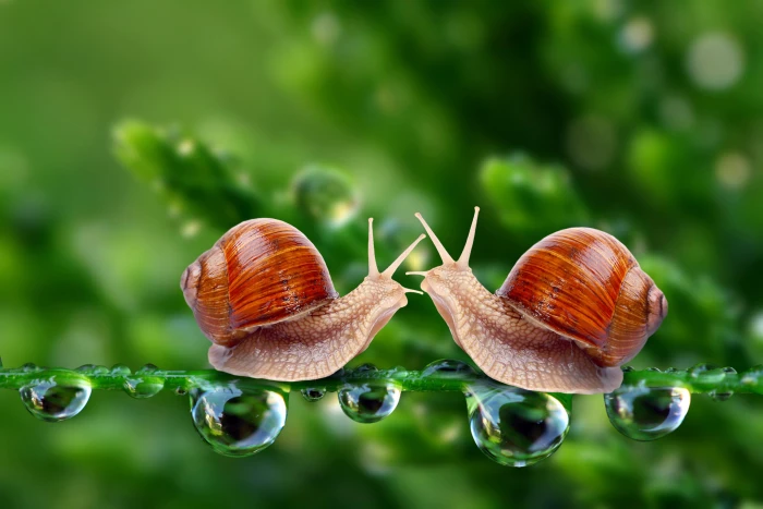 nature closeup snail depth of field leaves water drops 2k