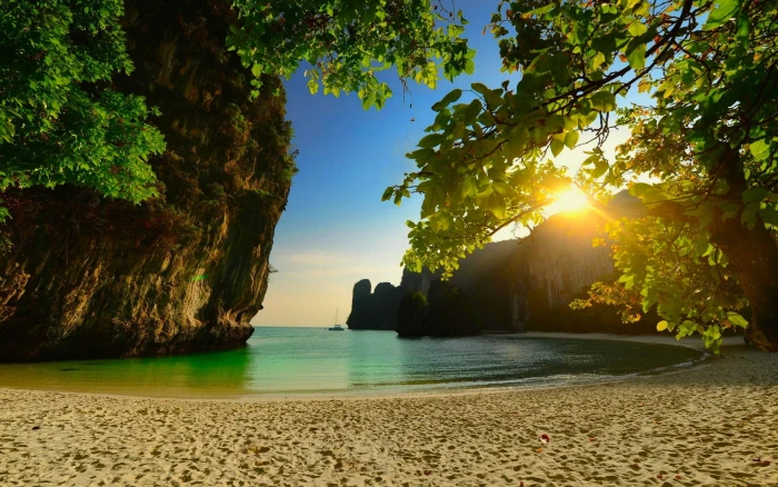 Nature Beach Thailand Sunset Island Sea Sand Trees Limestone Rock 2k