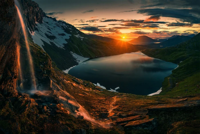 sunset scenery photography landscape fall snow lake mountains 2k