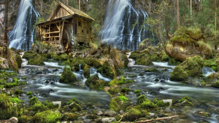 waterfall nature river rock stream stone forest landscape 2k