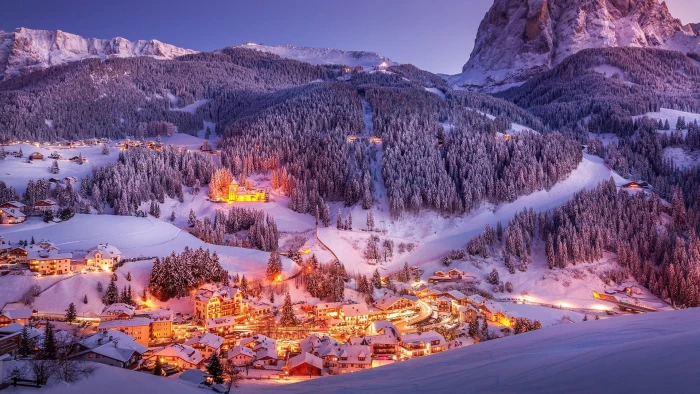 winter mountain europe snow dolomites village 2k