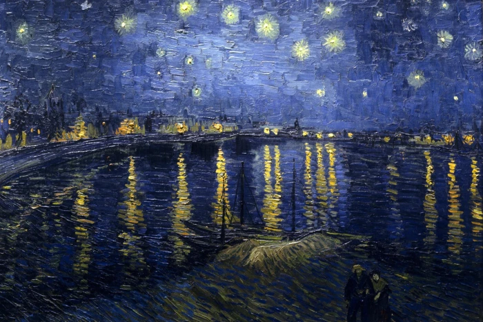 boat on body of water painting Vincent van Gogh stars reflection 2k