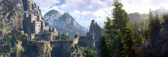 brown castle the sky trees mountains Wallpaper game 2k