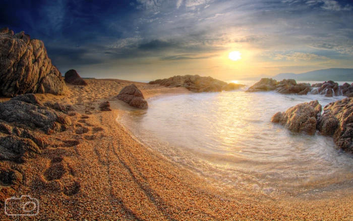brown sand with golden hour beach sea water Sun sunlight 2k