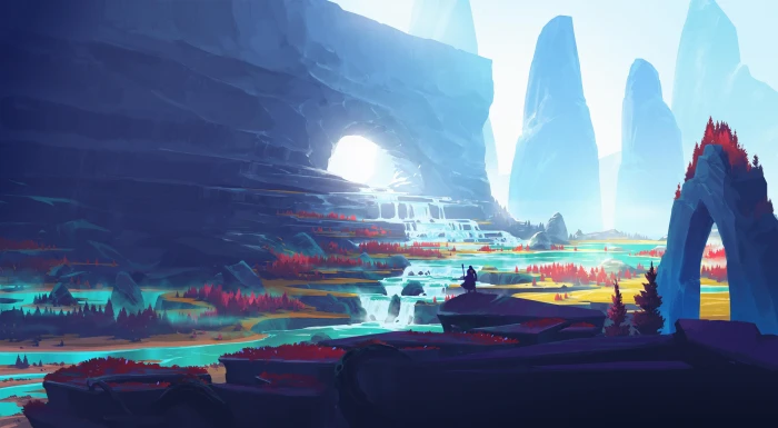 fantasy river trees landscape nature man waterfall Mountains 2k 4k