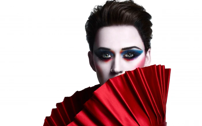 Katy Perry Witness red portrait studio shot white background 2k 4k