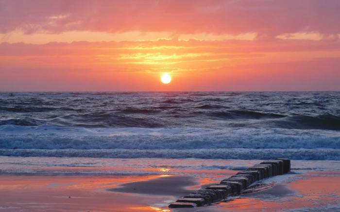 landscape nature sunset sea waves beach water coast 2k