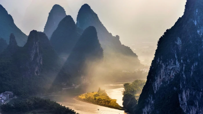 morning rock landscape mount scenery river sunlight terrain 2k 4k