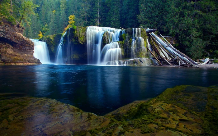 Nature scenery river waterfall forest 2k