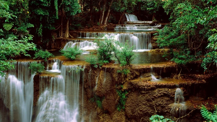 nature garden waterfall park landscape stone tree forest 2k
