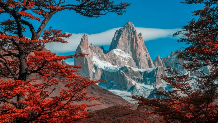 nature landscape clouds sky trees forest fall snowy mountain 2k