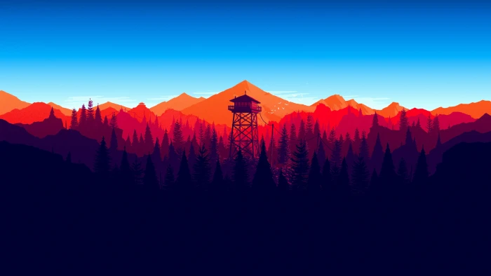 silhouette of trees firewatch forest landscape in game minimalistic 2k 4k