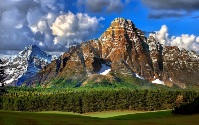 Sky clouds mountains forest trees grass nature landscape 2k