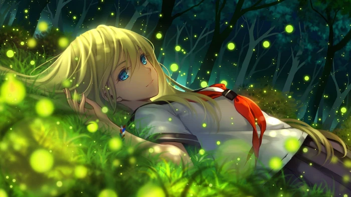 anime girl blonde hair trees green firefly 2k 4k