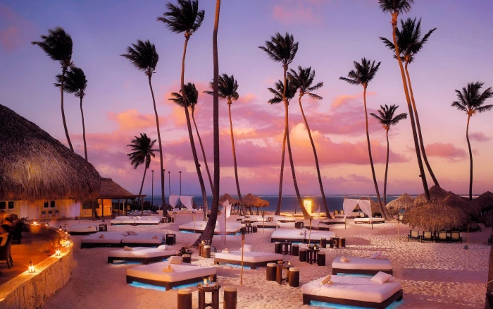 Beach sunbeds palm trees ocean night 2k