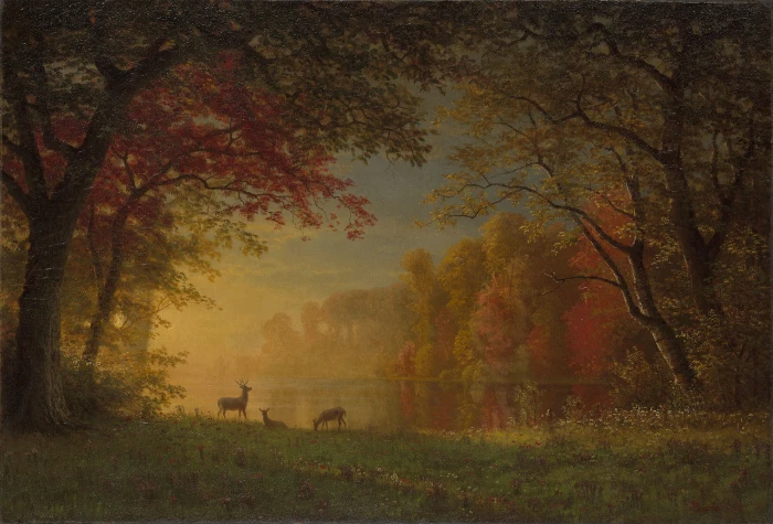 forest landscape nature art deer Albert Bierstadt Indian Sunset Deer by a Lake 2k