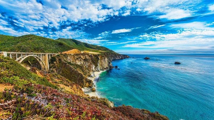 gray bridge and green mountain landscape Bixby Creek Bridge 2k