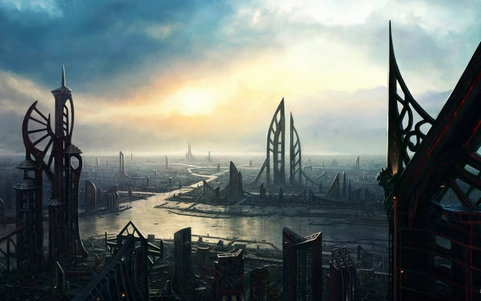 high rise buildings digital wallpaper fantasy art futuristic city 2k