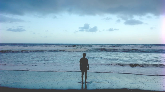 man ocean sadly alone single lonely sea sky water horizon over 2k 4k