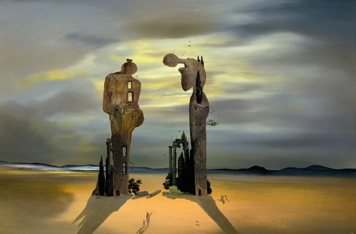 two human statues on field abstract painting surrealism picture 2k