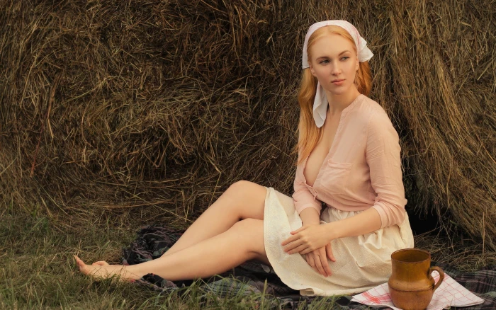 women s pink mid sleeved shirt Girl Photo Chest Grass Model 2k