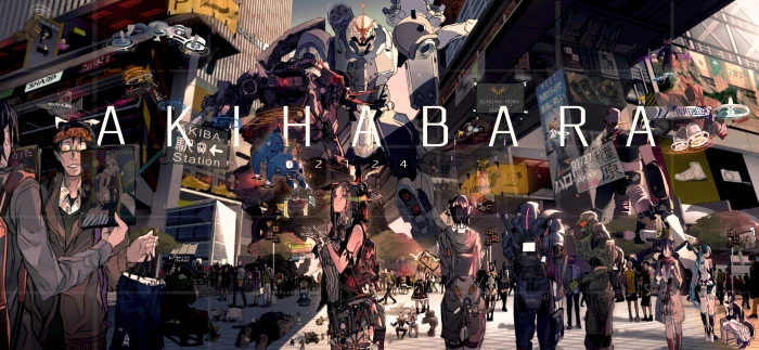 Akihabara illustration anime screenshot Gundam artwork futuristic 2k