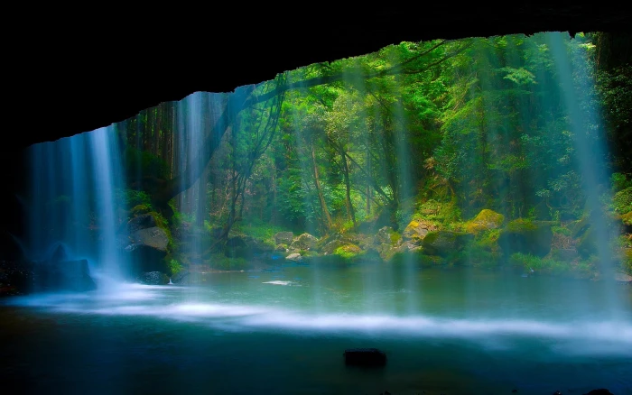 Beautiful scenery waterfall river forest rock 2k