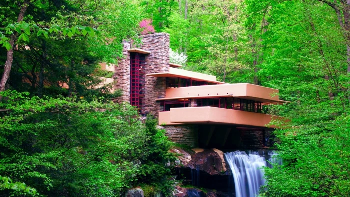brown concrete house nature landscape waterfall long exposure 2k