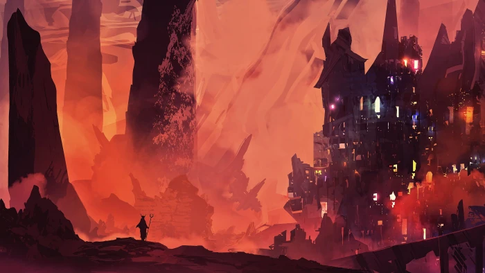 person looking at castle digital wallpaper night artwork science fiction 2k 4k