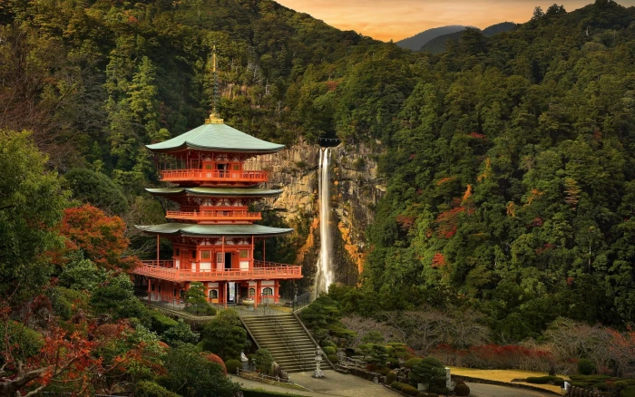 red dojo and green temple beside forest nature landscape 2k
