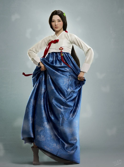korean traditional clothes hanbok model ribbon long hair