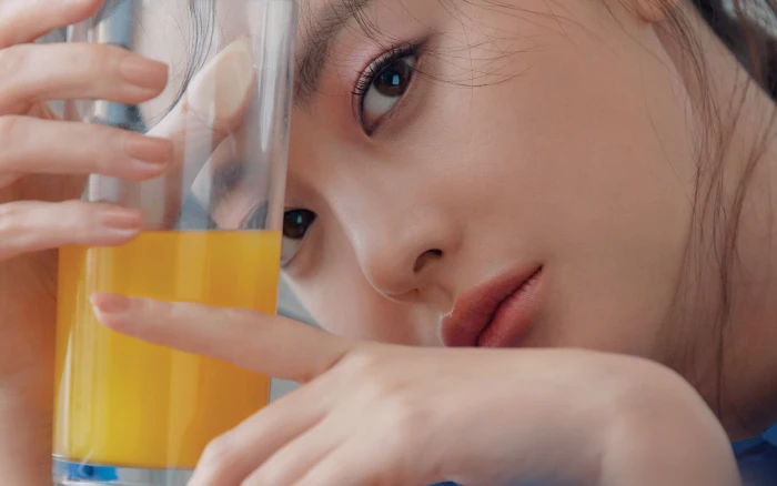 girl kpop korean asian juice orange headshot drink portrait 2k 4k