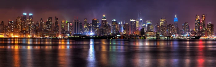 high rise buildings New York City night lights reflection 2k 4k