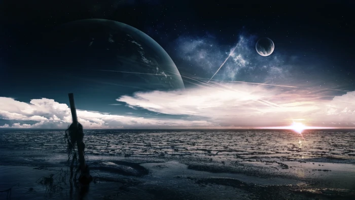 body of water and sunrise illustration landscape photo ocean under moon 2k 4k