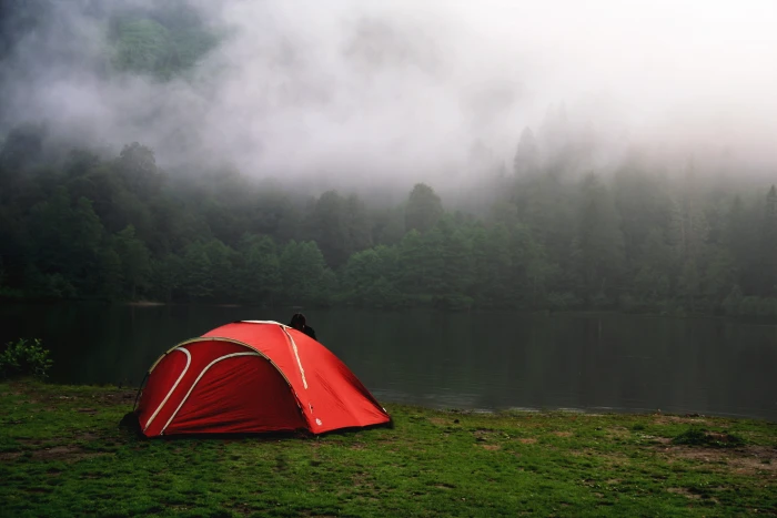 Camping by Foggy Forest in Red Tent nature lake lakes river 2k 4k