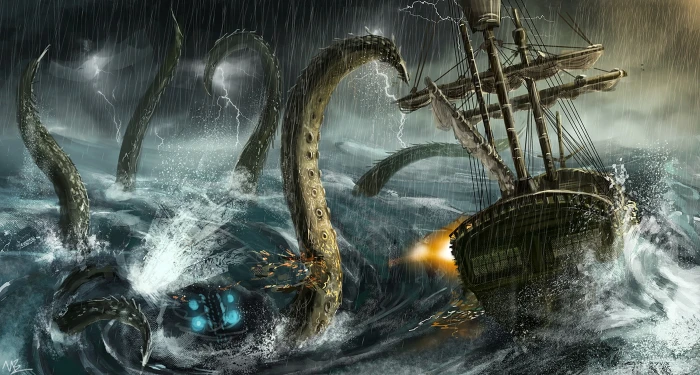 Kraken attacking sailing ship artwork fantasy art rain sea 2k