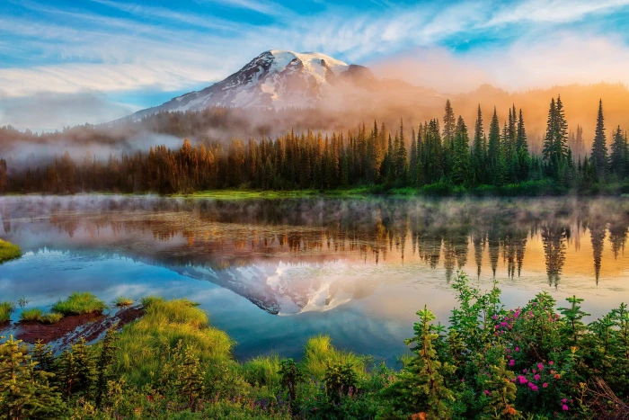 white mountain near green trees nature landscape forest mountains 2k
