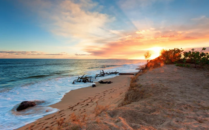 nature sunset sky sea beach waves sand clouds 2k