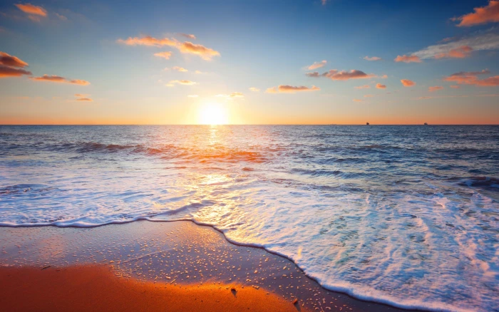 Beautiful sunset scenery sea sky clouds beach waves 2k