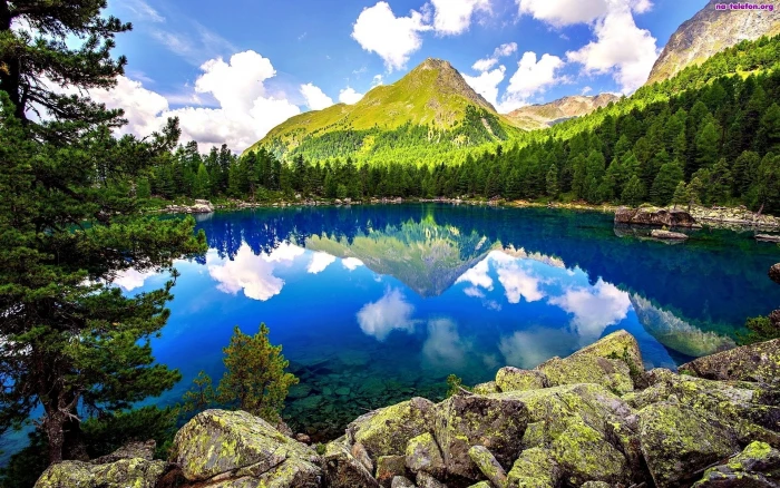 Lake forest mountains rocks trees sky clouds nature scenery 2k