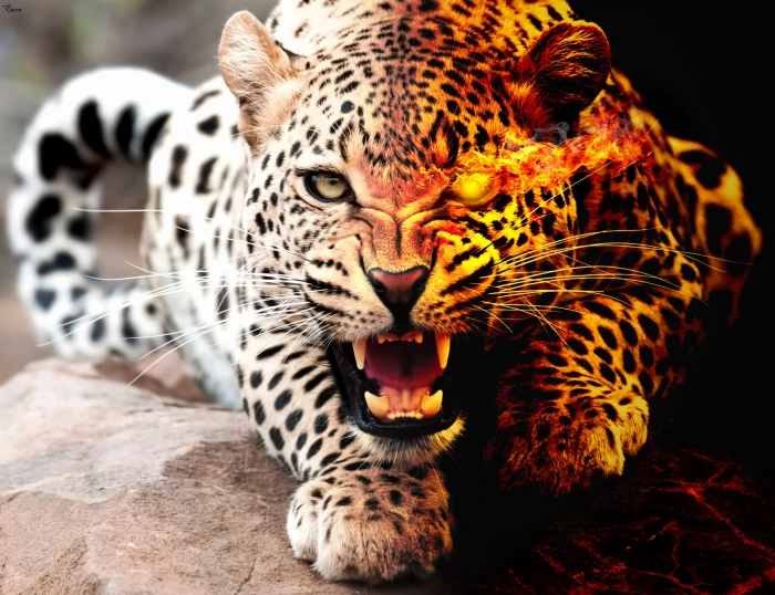 Leopard with flaming eye lying on stone during daytime Light and darkness 2k