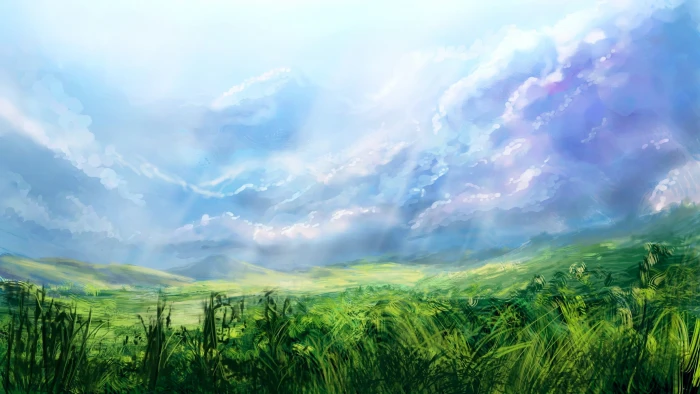 green grass field under cloudy sky artwork nature 2k 4k