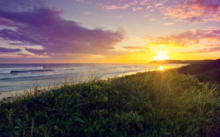 nature Sun sunset beach sea clouds 2k
