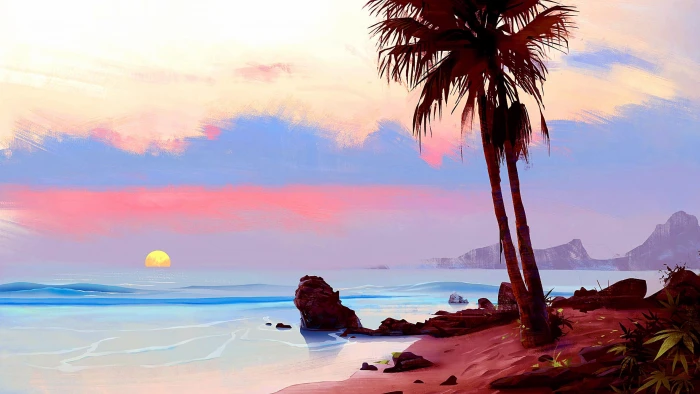 sea sky tropics shore palm tree painting art ocean vacation 2k 4k
