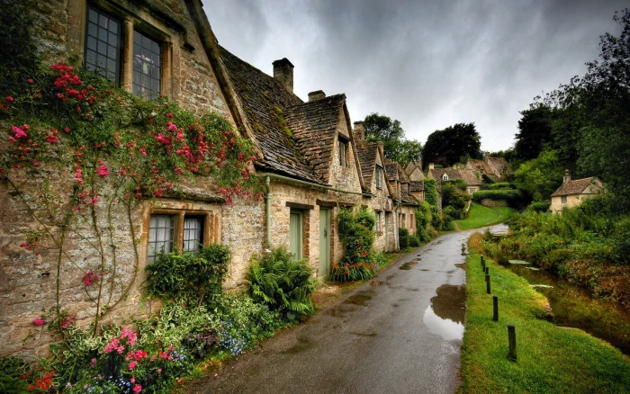 Village scenery road houses flowers green grass cloudy 2k