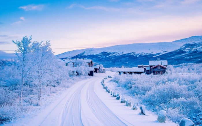 Windows 10 Nature Scenery HD Desktop Wallpaper snow covered road 2k