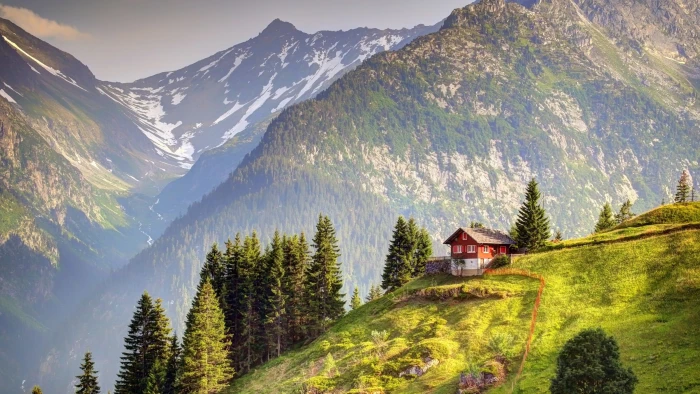 red and white wooden house nature landscape trees forest 2k