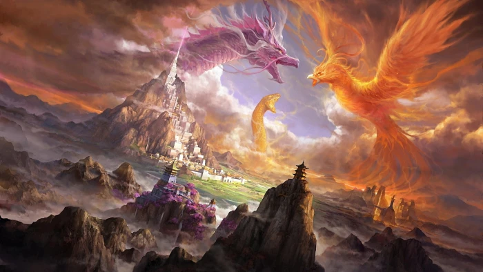 art phoenix dragon snake digital castle landscape 2k 4k