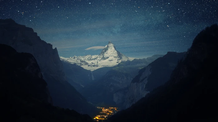 black mountain snow winter lights night stars landscape 2k 4k